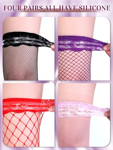 Image of Bencailor 4 /6 /12 Pairs Fishnet Thigh High Stocking for Women Silicone Lace Top Sheer Over Knee Stockings