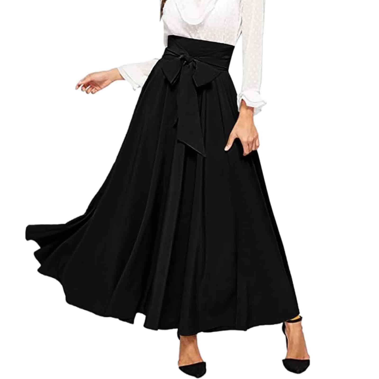 Women's Solid Color Simple Casual Front lace up Skirt, high Waist Slimming A-line Long Skirt