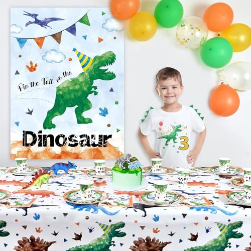 Image of WERNNSAI Pin the Tail on the Dinosaur Party Games for Kids Boys | T-Rex Dinosaur Birthday Decorations,Dino Party Games Room Wall Decor,28 inch x 21 inch Poster with 24 Stickers and Blindfold
