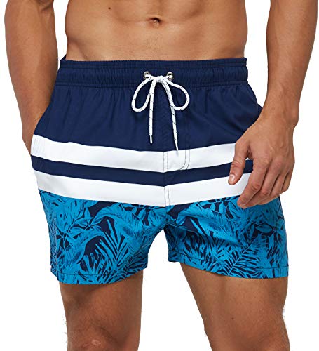 SILKWORLD Men's Swim Trunks Slim Fit Quick Dry Beach Swimwear Shorts with Pockets, Navy Stripes/Printed, Medium