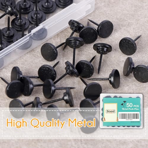 BoxedHome 50 PCS Push Pins für Bulletin Board, Metall schwarz Thumb Tacks für Bild Foto hängen, kleine Nägel flach Thumbtacks für Trockenbau Kork Board, Wand Tack Pins für Shadow Box Büro Home Decorat