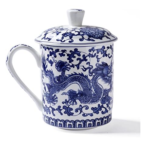 ufengke Blue Dragon Pattern Teacup with Lid Cover