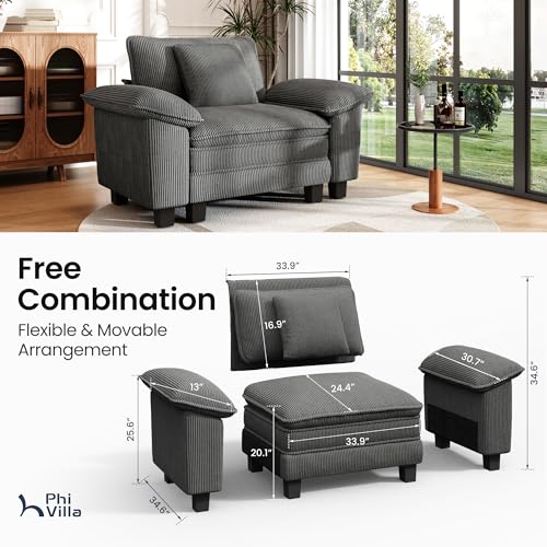 Image of PHI VILLA Oversized Single Sofa Chair with Deep Seat, Upholstered Reading Armchair Modern, 1 Seater Comfy Sofa Chair for Small Spaces Bedroom, Corduroy, Grey