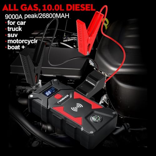 Image of FNNEMGE Car Jump Starter 9000A Peak, 26800mAh Capacity, Up to All Gas and 10.0L Diesel Engine, USB Quick Charge 3.0, LED Light, EC-5 Output.