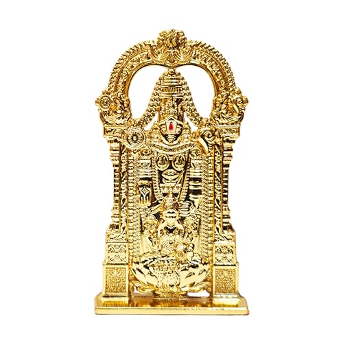 Image of anciently Tirupati Balaji Idol with Lakshmi for Car Dashboard | Venkateswara Idol with Lakshmi for Car Dashboard, Metal, 1 Piece (Gold Colour)