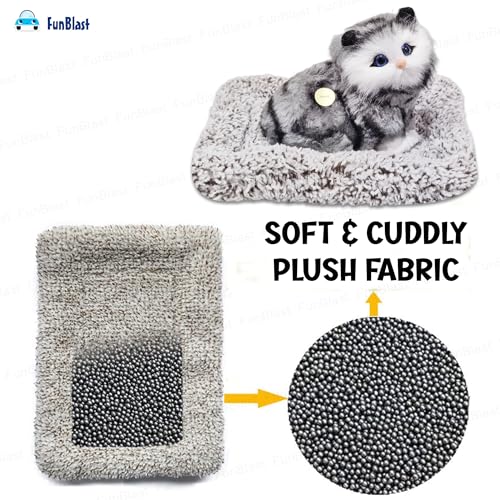 Image of FunBlast Cute Cat Plush Toy with Meow Sound, Toy Accessories for Car Dashboard & Home Decor, Realistic Cat Pet Toys with Bed, Gift for Kids (Grey+Black)