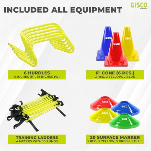 Image of GISCO Speed and Agility Soccer Training Kit, Including 6 inch Hurdles - 6Pcs + 4 M Agility Ladder - 1 Piece + 6 inch Marker Cone - 6 Pcs + Space Marker -20 Pcs
