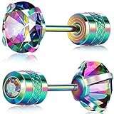 Titanium Screw Back Earrings Colorful Surgical Stainless Steel Rainbow Cubic Zirconia Fake Diamond Flat Stud 316L Hypoallergenic for Sensitive Ear for Women Men Teen CZ Twist Piercing Post