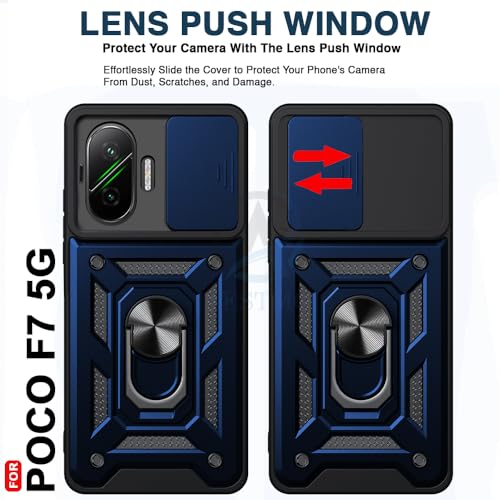 Image of AESTMO Tough Armor Poco F7 5G Bumper Back Case Cover | Ring Holder & Sliding Camera Shield Cover | 360 Degree Protection Back Case Cover for Poco F7 5G (Blue)