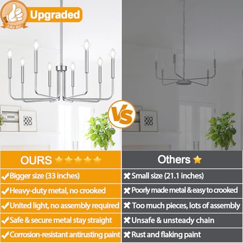 8-Light Farmhouse Chandelier for Dining Room Lighting Fixtures Hanging, Brushed Nickel Dining Light Fixtures Industrial Chandelier for Bedroom, Foyer, Hall, Kitchen, Living Room and Entryway