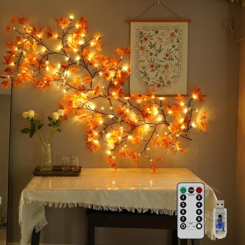 Image of Cherry Blossom Lights with 72 Maple Leaves, Wall Light White Decorative Tree Light for Bedroom & Living Room, Flexible Branch Wall Decor, Decorative Fairy String Lights