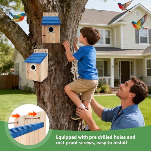 2Pack Bird Houses for Outside, Wooden Bluebird Houses for Outdoors w Metal Predator Guard, Ventilation & 1-1/2" Entrance, Birdhouse for Chickadees Wren Bluebirds Finches Swallows (Blue) — view 5