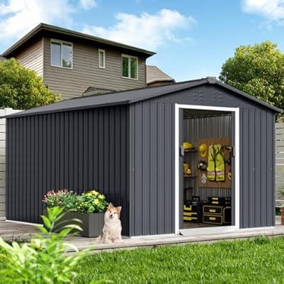 Garvee 8x12 Ft Metal Storage Shed with Pitched Roof & Lockable Door Galvanised Steel Storage Shed, Backyard Garden Patio Lawn Outdoor Sheds Large Garden Metal Shed for Garden, Patio, Backyard, Grey