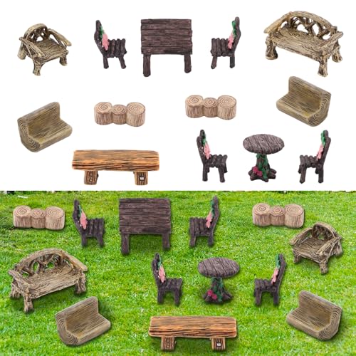 13Pcs Miniature Garden Furniture Set Fairy Garden Furniture Ornaments Miniature Table and Chairs Set Village Micro Resin Bench Chair Kit for Dollhouse Accessories Home Micro Landscape Decoration