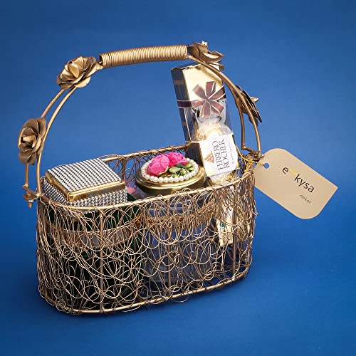 Image of metal meshwire multipurpose hamper Fancy Basket /Tray /Platter with handles for Packing, Gifting, Decoration - Golden (8 * 4 * 4 inch)