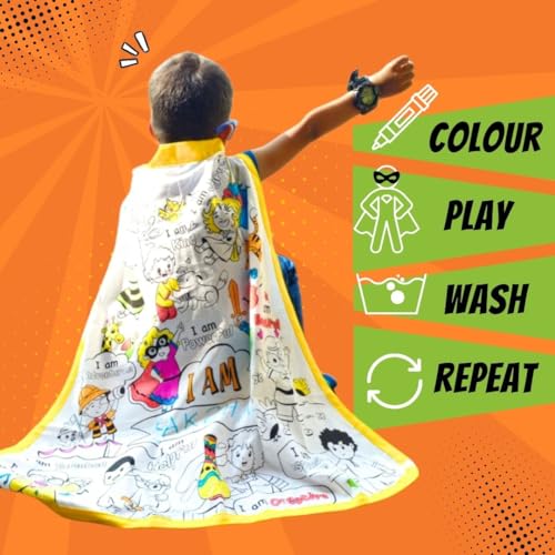 Image of PepPlay Cotton My Affirmation Cape Coloring Kit,With 6 Smudge-Free Washable Markers,Customised Birthday Gift For Kids Ages 5-8,Pretend Play For Boys And Girls,Personalised And Reusable Diy