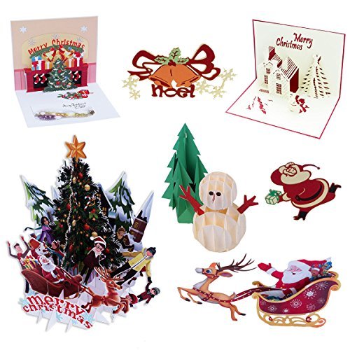 Akeydeco 7 Pack 3D Pop Up Christmas Cards Greeting Handmade Holiday Xmas Cards & Envelopes for Xmas/New Year