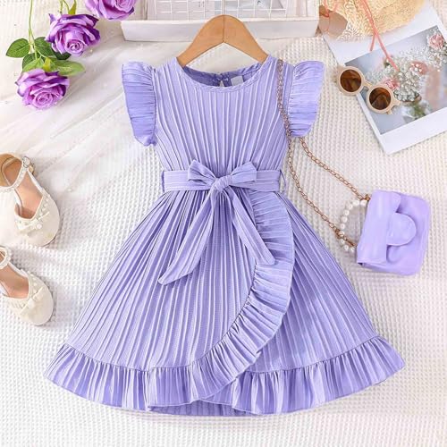 Girls Summer Dresses Wave Trim Flutter Sleeve Round Neck Dress with Belt Lightweight Flowy Casual Dress2