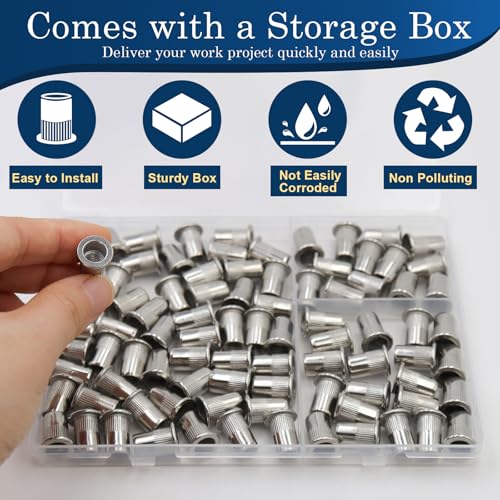 Image of 1 /4''-20 UNC Rivet Nut, 88Pcs 304 Stainless Steel Flat Head Rivnut Threaded Insert Nutsert