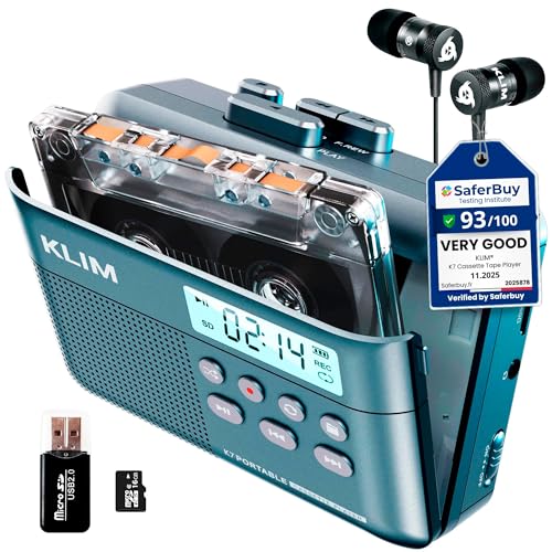 KLIM K7 Cassette Tape Player - Cassette to MP3 Converter - Portable Cassette Player - Tape Recorder with Built-in Microphone & Speaker - Rechargeable Battery - Earphones - 16GB SD Card - Blue