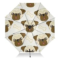 Cute Cartoon Pug Faces Portable Sun Umbrellas Spf 50 Travel Umbrella Windproof Strong Black Automatic Inverted Rain Umbrella with Cover for Rain & Sun