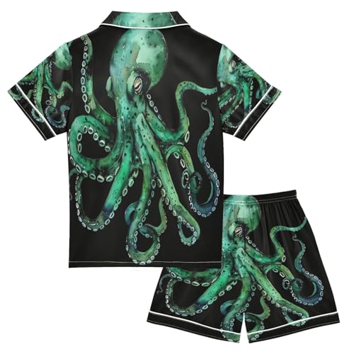 ALAZA Watercolor Green Octopus Black Satin Pajamas Set Short Sleeve Button Down Sleepwear Summer Pjs 2 Piece2
