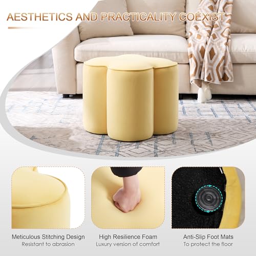 Image of Zesthouse Flower Pouf Ottoman Foot Rest Set of 2, Velvet Fabric Poofy Ottoman Footstool for Couch, Modern Living Room Stool for Under Entry Table, Cute Square Vanity Stool for Bedroom Dorm, Yellow