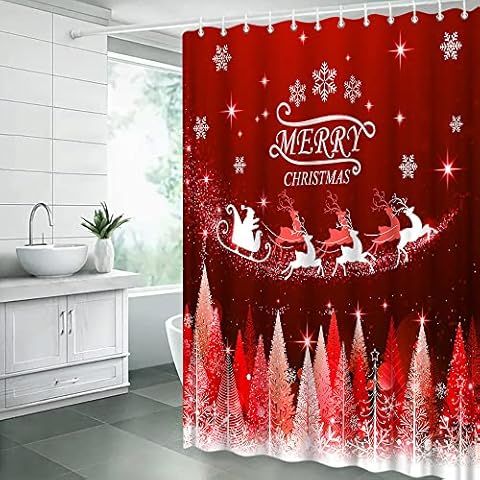 Merry Christmas Shower Curtain Winter Holiday Snowflake Pine Tree Forest Xmas Reindeer Santa Dreamy Festival Merry Xmas Bath Fabric Curtain Sets with Hooks,Red Cover