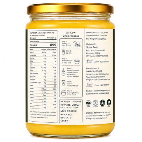 Image of ANGLE GOLD - a2 ORGANIC GHEE - SHREE FOOD a2 Gir Cow Ghee, Organic, Bilona Method, 1 L