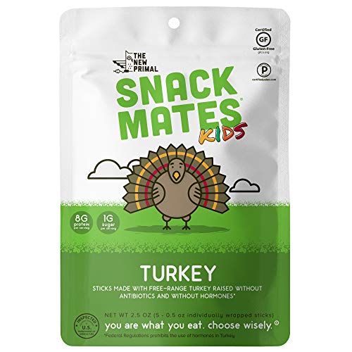 Snack Mates by The New Primal Free-Range Turkey MINI Sticks, High Protein and Low Sugar Kids Snack, Certified Paleo, Certified Gluten-Free, Lunchbox Friendly, 5 (0.5 oz) Sticks Per Pack (8 Pack)