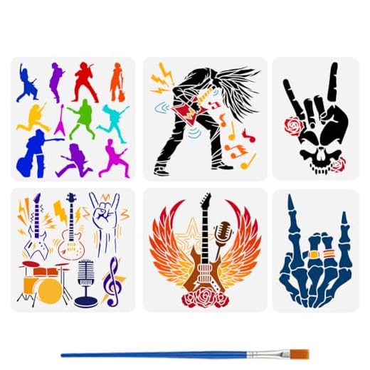 FINGERINSPIRE 6 plantillas de pintura de música rock con pincel, 2 tamaños, notas musicales, instrumentos musicales, gestos musicales, esqueleto de guitarra, plantilla de mano para pintar en paredes