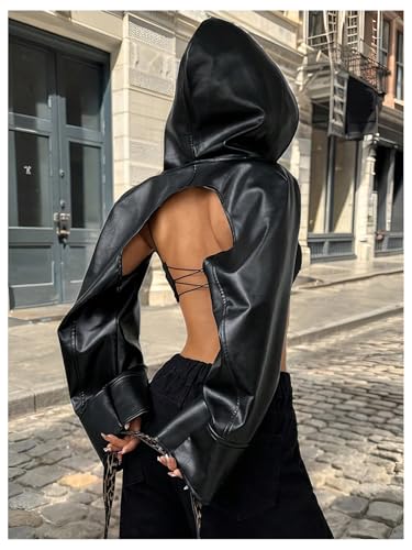 GORGLITTER Women's Pu Leather Shrug Bolero Jacket Long Sleeve Backless Hooded Crop Coat2