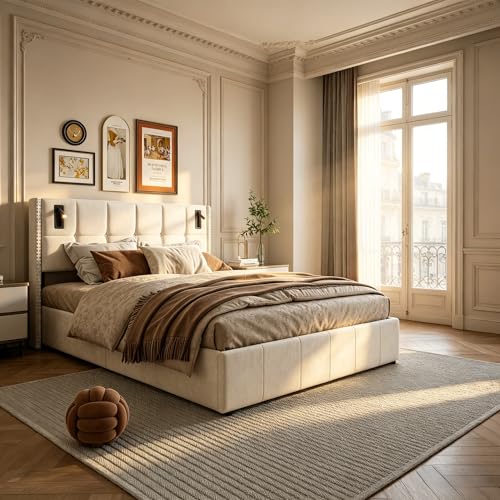 BRYXR Lit Coffre 140x200 avec 2 Liseuses LED Pivotantes, Lit Adulte 2 Personnes en Velours Beige Crème, Tête de Lit avec Ailettes et Double Rangée de Clous...