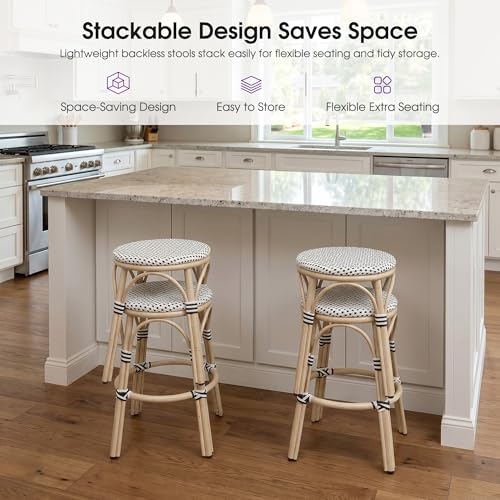 Image of PURPLE LEAF Patio French Round Counter Stool Set of 2 Backless 26 inch Large Seat White Print Aluminum Frame Barstools with Handwoven Rattan Wicker for Outdoor Kitchen Cafe White and Black