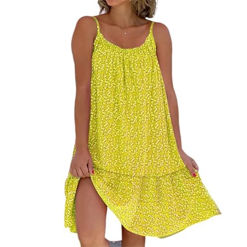 AELSON Women's Summer Casual Dress Floral Printed Sleeveless Mini Dress Spaghetti Strap Beach Dresses Yellow