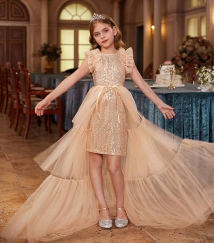 GRACE KARIN Girls Sequin Dress Formal Pageant Sparkle Party Ruffle Prom Maxi Dress Size 5-14Y3