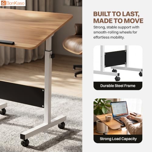 Image of Bonkaso Adjustable Laptop Lap Desk for Bed & Sofa, Height Adjustable Study Table with Tilt Desktop, Wheels, Steel Frame & Spacious Wooden Top for Work from Home, Reading & Office - Brown /White