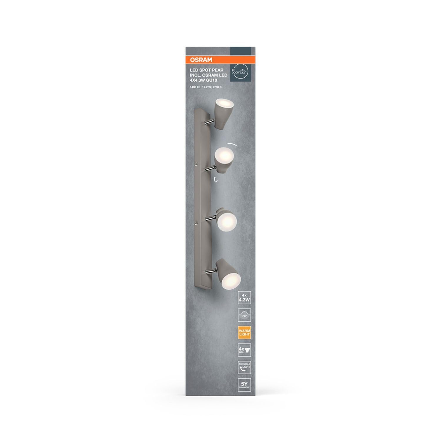Osram Foco LED SPOT PEAR GU10, gris, 4 x 4,3 W, 1400 lm, 614 mm, luz blanca cálida, cabezales orientables, fácil montaje, combinación con bombillas inteligentes GU10, posible IP 20, 2700 K