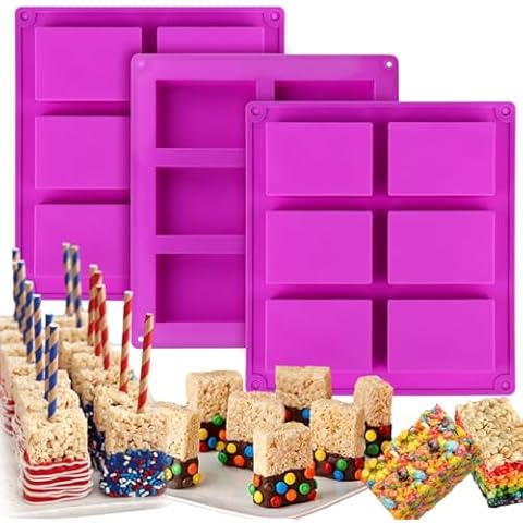 Palksky Rice Snacks Molds for Rice Krispies Treats Baking, 3pcs 6-Cavityrice Cereal Bars Trays for Crispy Treat Making, Candy Making Supplies for Chocolate Brownie Cornbread Pudding Butter Mould Cover