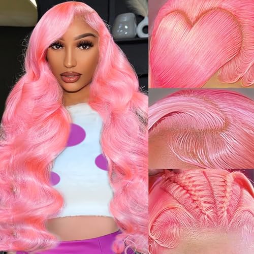 Pink Human Hair Wig 200 Density Body Wave HD Lace Front Wigs Human Hair Pre Plucked with Baby Hair Lace Front Wig 13x4 Lace Frontal Wigs Real Hair Wigs for Women 22 Inch