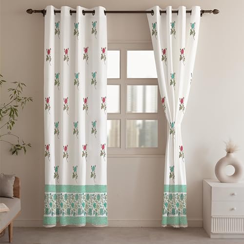 Image of LINENWALAS Decorative Printed Cotton Semi Sheer Curtains 7 Feet Long Set of 2 Panel, Eyelet Ring Hanging, Rose Symphony Curtains for Children Room, Living Room, Home Decor (L-7 x W-4.5 Feet)