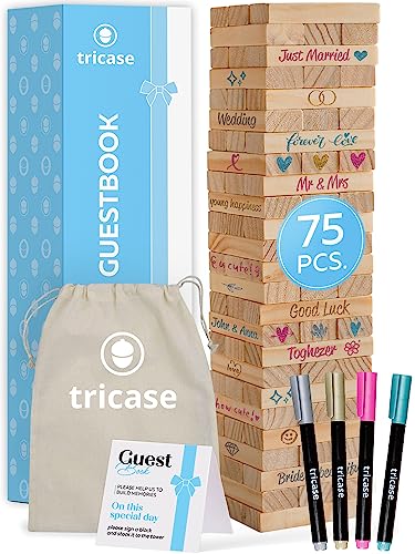tricase Wedding Guest Book Alternative - 75 pcs Wooden Block Guest Book for Wedding Sign in - Wedding Decorations for Reception - Unique Wedding Book with 4 Color Signing Pens & Storage Bag