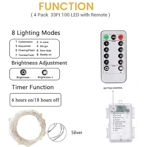 Albelt 4-Pack 33Ft 100 Led Fairy Lights Battery Operated With Remote & Timer, Waterproof Twinkle String Lights Outdoor Indoor 8 Modes For Bedroom Classroom Dorm Diy Christmas Party Garden Tree thumb #3