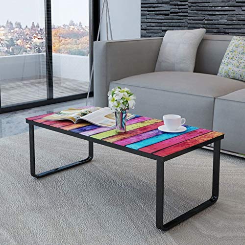 Tidyard Mesa de Centro Rectangular de Salón con Superficie con Dibujo de Arcoiris,Mesa de Café,Mesa Auxiliar para Habitación,Decoración para Hogar,Vidrio Templado y Hierro,90x45x32cm
