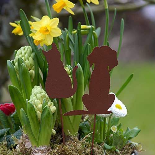 UNUS Garden Hund und Katze Gartenstecker 2er Set, Gartendeko Rostoptik, Roststecker aus Edelrost Metall, Rost Deko für Garten Terrasse Balkon Blumentopf