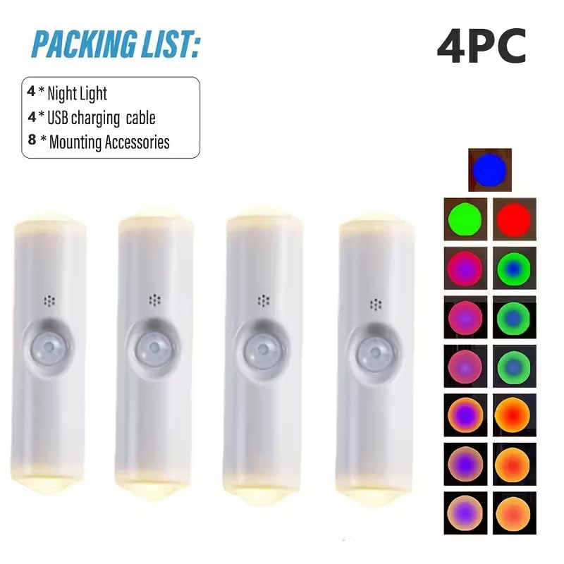 Image of GITGRNTH 4 PCS Smart RGB Motion Sensor Light, Rechargeable LED Night Lamp with Auto On /Off & Color Changing Modes Automatic Color Changing for Home Decor, Bedroom & Hallway & Closet & Stairways