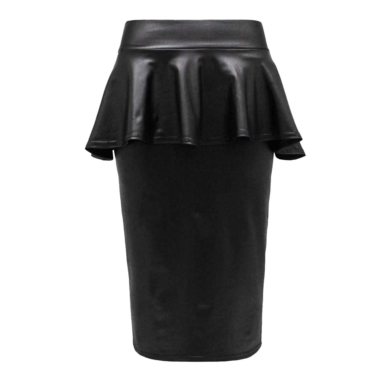 FAIRY BOUTIQUE Women PVC Wet Look Bodycon Midi Skirt Ladies Plus Size Frill Peplum Casual Skirt(Black UK 24-26)