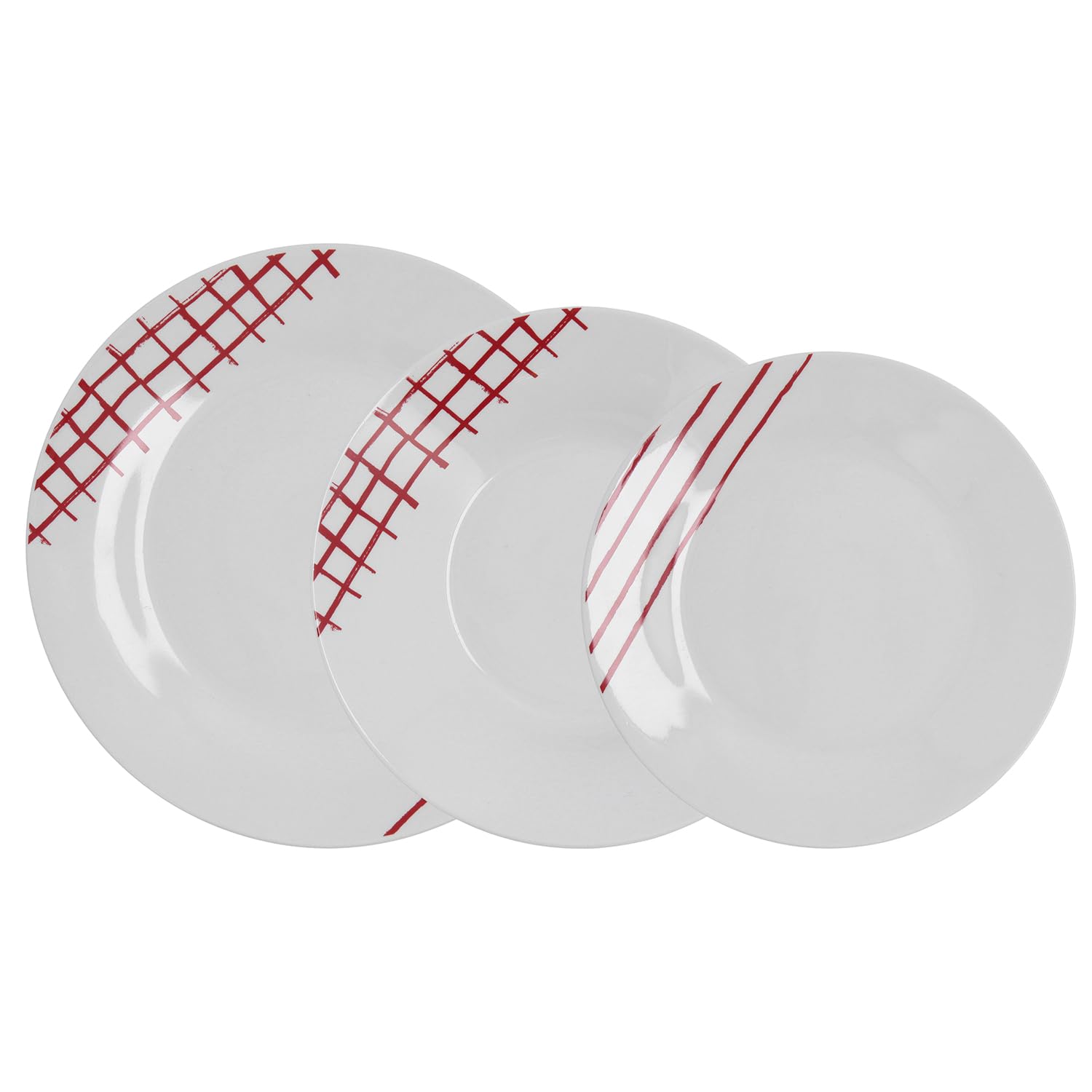 Quid Kansas Service de table en porcelaine 18 pièces pour 6 personnes, assiettes 23/20/19 cm, motif lignes rouges, passe au micro-ondes et au lave-vaisselle