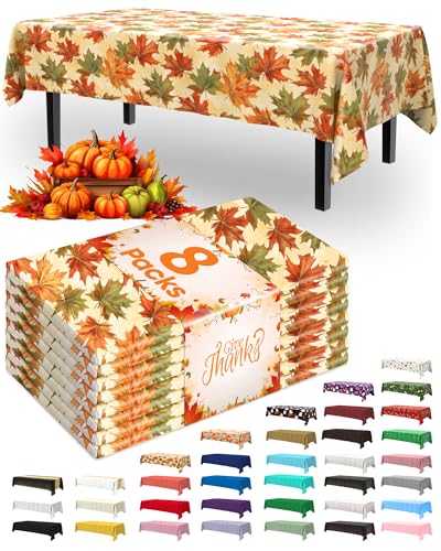 Pureegg Plastic Table Cloth Disposable 8 Pack, 54 x 108 Inch Table Cloths, Thanksgiving Decorations, Harvest Party, Fall Tablecloths, Rectangle Tables, Leakproof & Sturdy, Autumn Maple