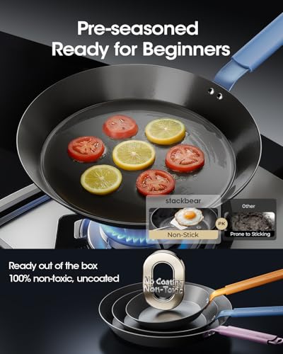 Image of Carbon Steel Frying Pan Set, 8 10 12 Inch Nitrided Skillets | Complete Size Range for Everyday Cooking; Preseasoned Surface Develops Natural Patina without Coatings